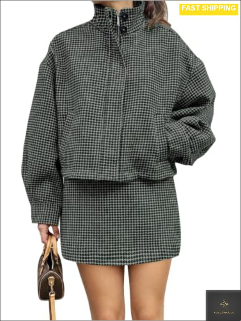 Women's 2 Piece Houndstooth Bomber Jacket and Mini Skirt Set